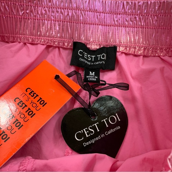 NWT C’est Toi Pink Metallic Nylon Shorts Women’s Medium High Waist Pull On - Picture 3 of 7